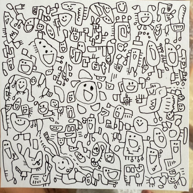 作品 060。大小の生きもののような輪郭や細かい模様が集まった絵。