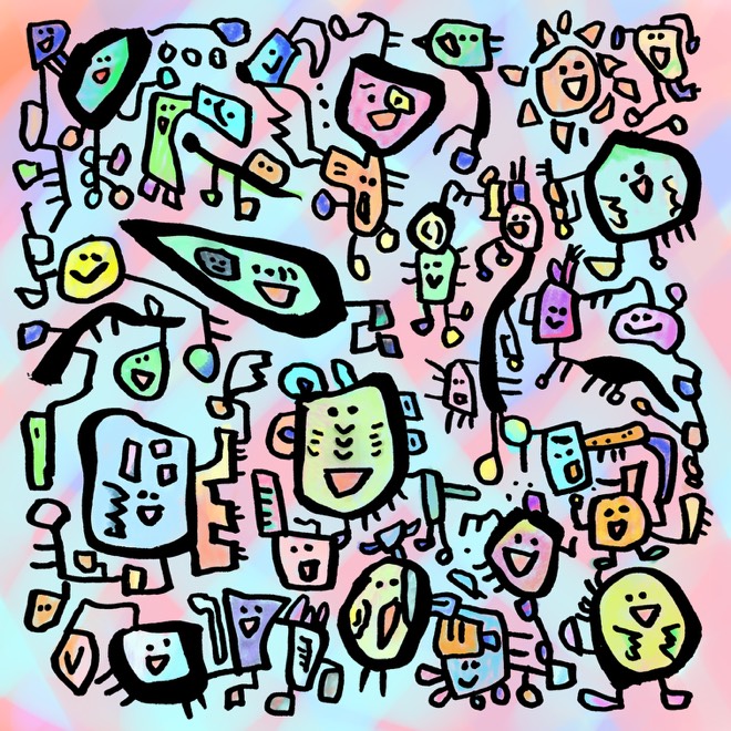 作品 086。ピンク、水色、緑の背景に、太い黒線の大小の顔や生きもののような形が密集している。